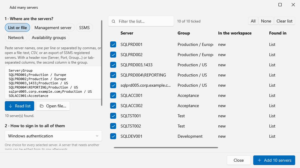 Add many servers: a pasted list with a group column, read into ten servers that are ticked and ready to add with one sign-in