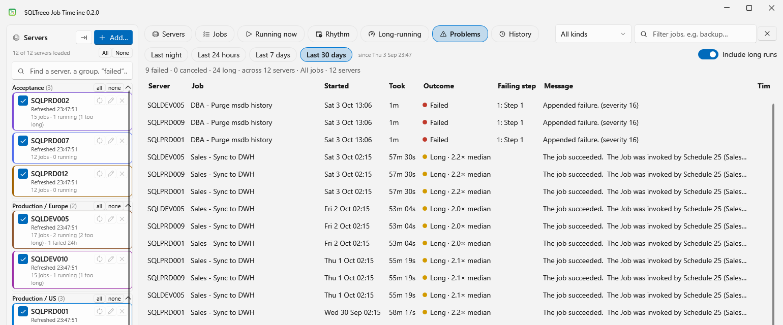Problems view: failed and long runs of the last 30 days on twelve servers, with the failing step and its message