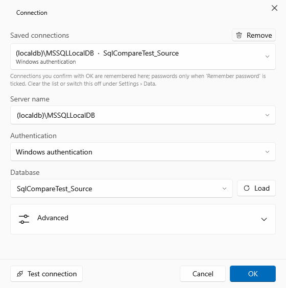 Connection dialog with a saved connection selected