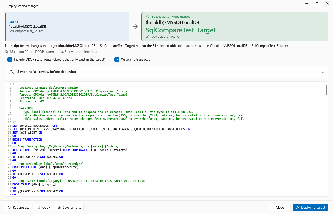 Deploy window with the generated script and the warnings to review