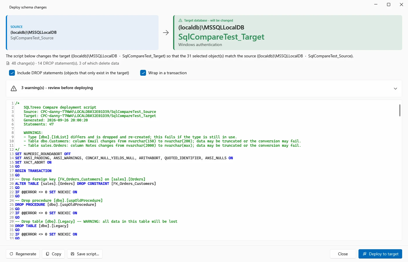 Deploy window with the generated script and the warnings to review
