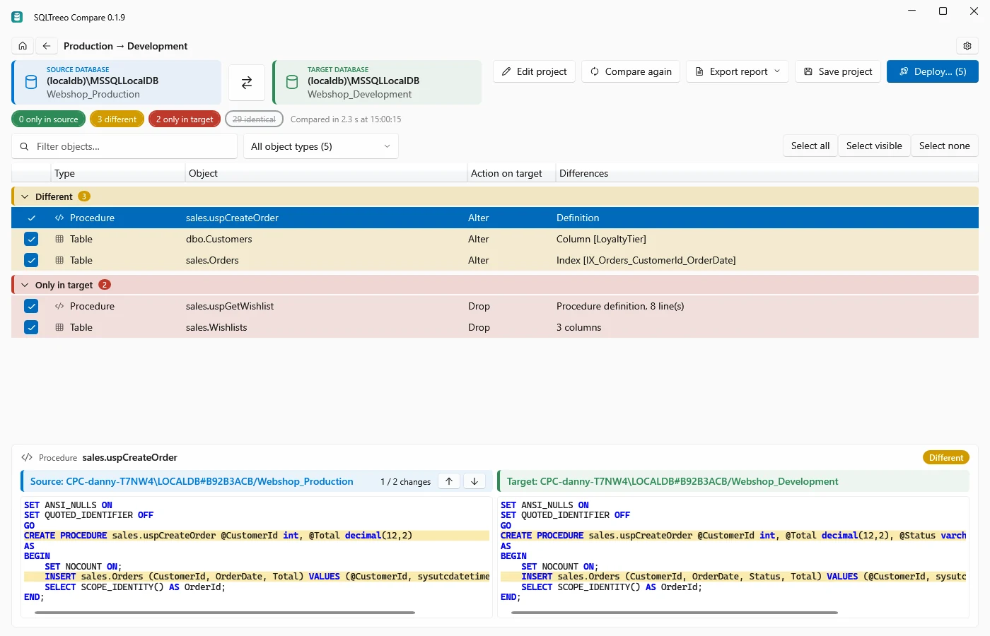 Production compared with Development on the results page, with the changed procedure side by side and the Deploy button