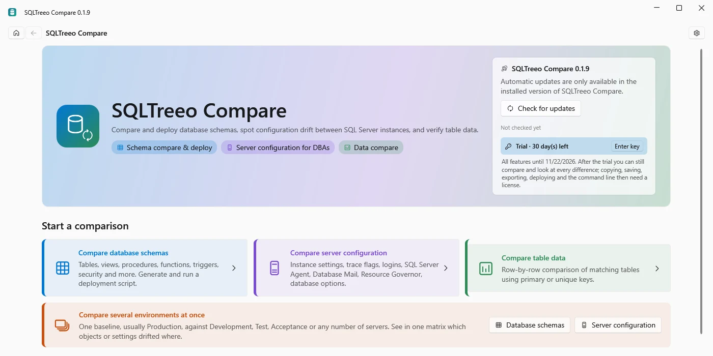 Start page of SQLTreeo Compare with the tile Compare several environments at once