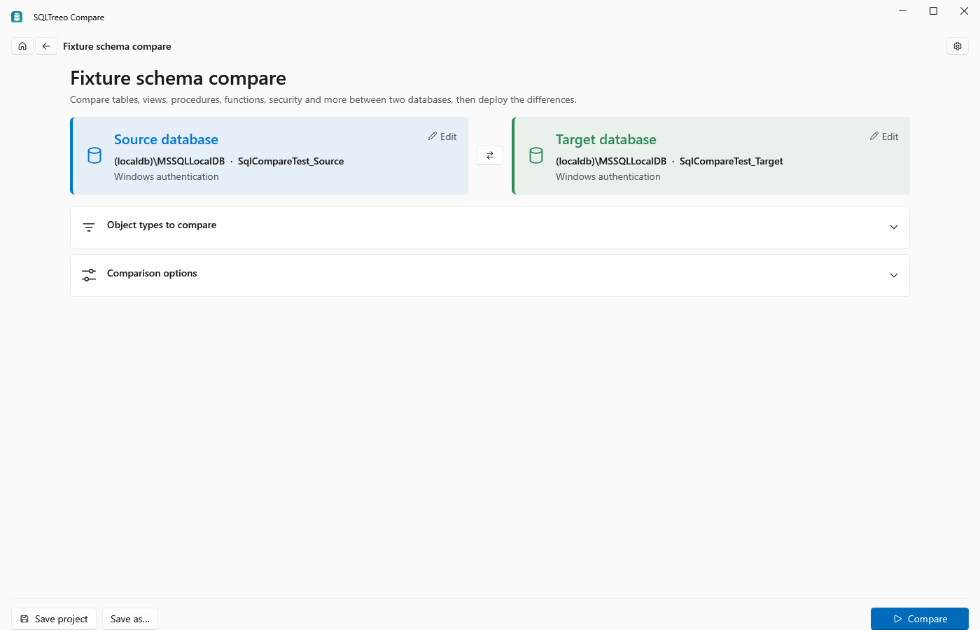 SQLTreeo Compare project page with source and target connections