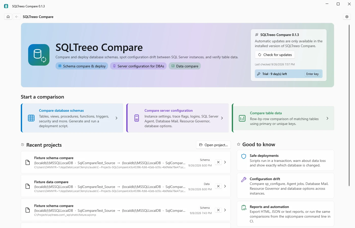 Start page with the three comparison types and recent projects