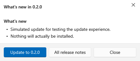 What's new dialog listing the changes of an available update, with an Update button