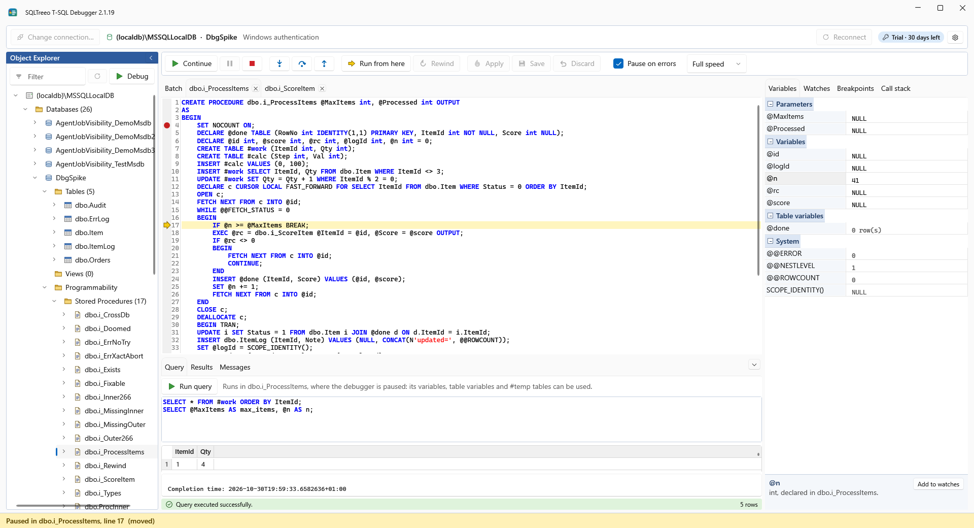 The query window running a query while the procedure is paused, with its results and messages