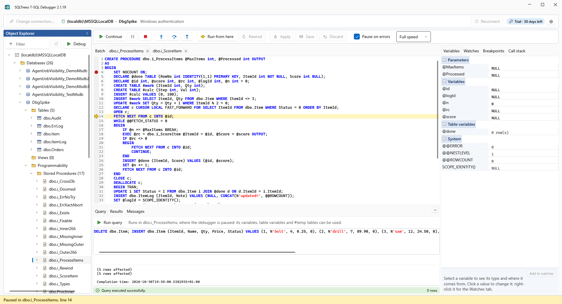 SQLTreeo T-SQL Debugger paused in a stored procedure: the code with a breakpoint and the yellow arrow on the next statement, the Object Explorer with the databases, and the variables with their values