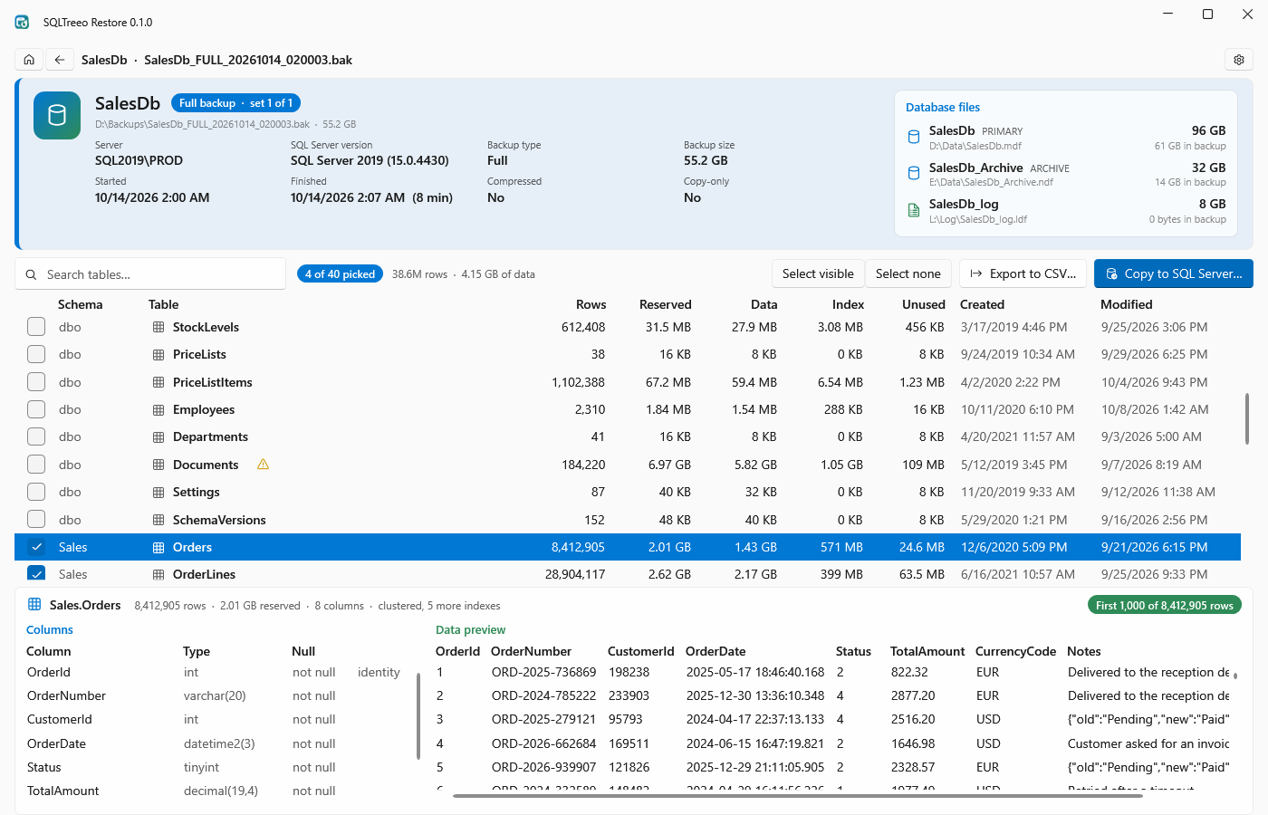 SQLTreeo Restore showing a SQL Server backup: the backup set with server, version, dates and size, the database files, the list of tables with rows and sizes, and the columns and first rows of the selected table