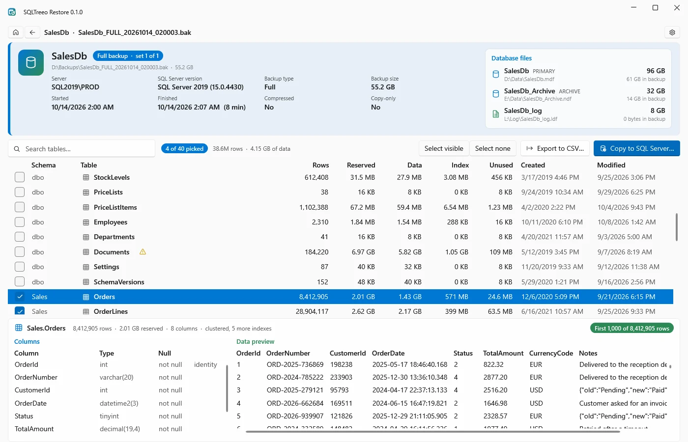 SQLTreeo Restore: screenshot